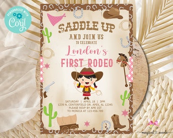 Zaproszenie na urodziny w stylu western kowbojka, zaproszenie na urodziny dla dziewczynki, Saddle Up, pierwsze rodeo dla dziewczynki, Corjl do druku cyfrowego, różowy motyw kowbojki, KAŻDY WIEK