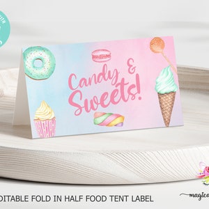 Sweet one birthday fold in half food tent label, 3.5x2 gevouwen kaart, 3.5x4 ongevouwen, snoep snoep verjaardagslabels, corjl digitaal afdrukbaar.