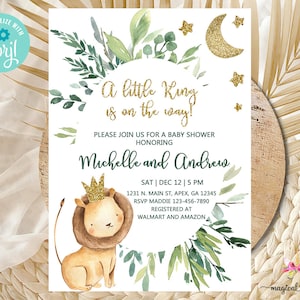Lion King baby shower invitation, boy baby shower invite, safari lion, digital printable, a little king invitation, gold, greenery, corjl.
