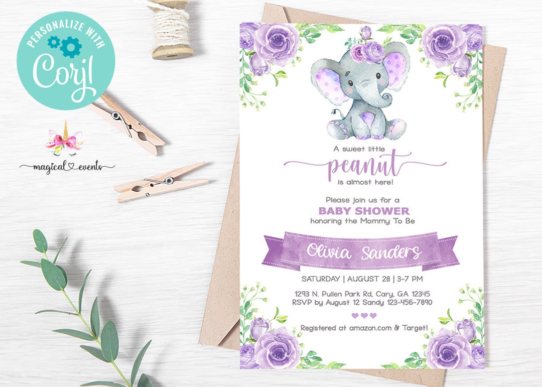 Purple & Lavender Elephant Baby Shower Invitation, Girl Baby Shower