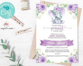Purple & lavender elephant baby shower invitation, girl baby shower invite, elephant purple flowers, digital printable corjl editable, blush