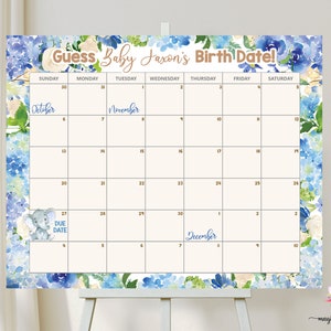 Adivina el letrero de baby shower de fecha de parto, póster de 16x20, adivina la fecha de nacimiento, adivina la fecha de llegada de la tabla de baby shower, elefante de flores azules.