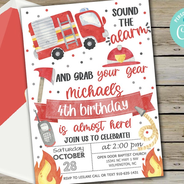 Firefighter boy birthday invitation, fireman birthday invite, digital printable, firetruck, sound the alarm grab your gear, corjl editable.