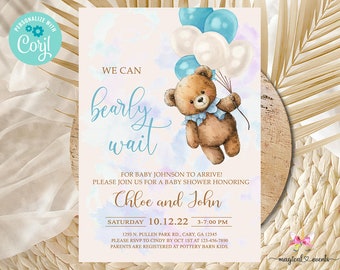 Bearly wait, bear baby shower invitation, boy invite blue balloons, digital printable corjl editable, we can bearly wait teddy bear balloons
