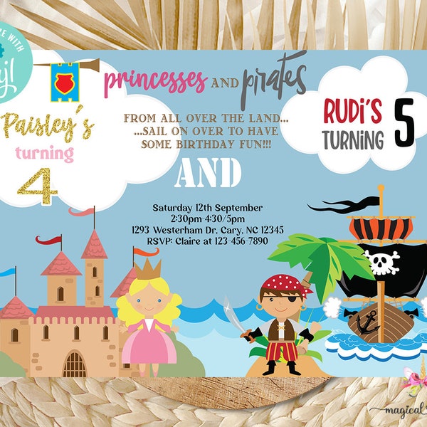 Siblings princess and pirate birthday invitation, boy girl brother sister, corjl digital printable, princess pirate castle pirate ship.