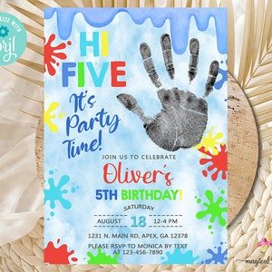 HI FIVE Slime boy birthday invitation, boy slime 5th birthday invite, corjl digital printable, its fun time, slime bright colors, Hi 5.