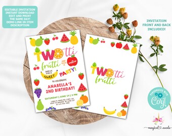Two-tti frutti 2nd birthday invitation, twotti frutti girl second birthday invite, such a cutie, digital printable corjl, front and back.