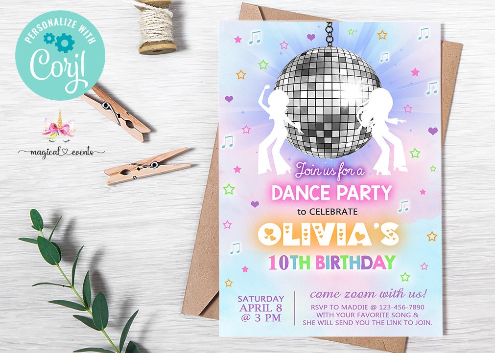 Dance Party Girl 10th Birthday Invitation, Disco Dance Pastel Girl Birthday Invite, Digital Printable, Girl Disco Dancing Party, Corjl. - Etsy dance-party-girl-10th-birthday-invitation-disco-dance-pastel-girl-birthday-invite-digital-printable-girl-disco-dancing-party-corjl-etsy