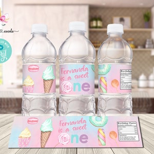 Sweet One birthday water bottle labels, girl birthday favors, favor, digital printable, customized birthday favor, pastel candy sweets donut