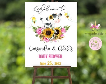 Cartello di benvenuto per baby shower a forma di mucca 16x20, girasoli, cartello di benvenuto con fiori rosa, cartello di benvenuto per baby shower a forma di bambina, mucca, api, cartello di benvenuto con mucca.