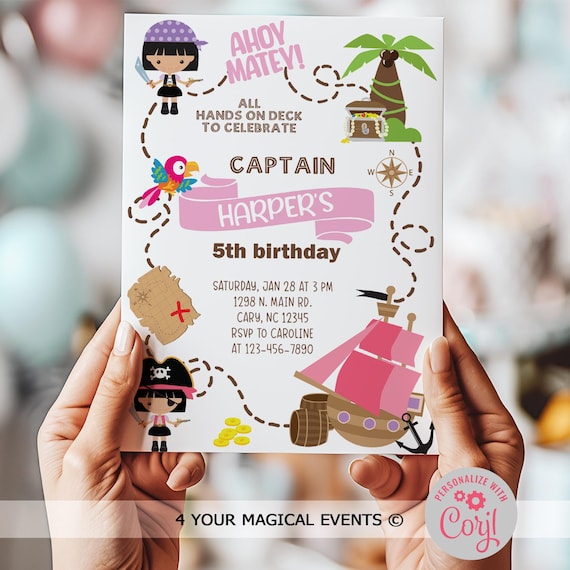 Pirates, pirate ship girl birthday invitation, girl birthday invite, digital printable, corjl editable, ahoy mateys, brunette girl pirates.