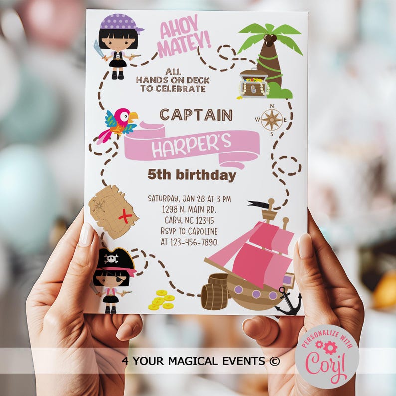 May include: A pirate-themed birthday invitation with the text "Ahoy Matey!" and "Captain Harper's 5th birthday." The design includes pirate ship, treasure chest, map, and pirate characters. The invitation is held by a person.