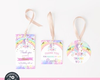 Etiquetas de agradecimiento de unicornio y arcoíris, obsequios de cumpleaños, etiqueta de agradecimiento de cumpleaños de niña, 3 etiquetas de cumpleaños de niña con unicornios y arcoíris, corjl editable.