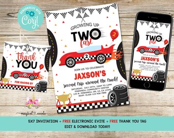 Race car boy birthday invitation bundle, TWO FAST boy 2nd second birthday invite evite and tag, corjl digital printable, Growing Up Two Fast