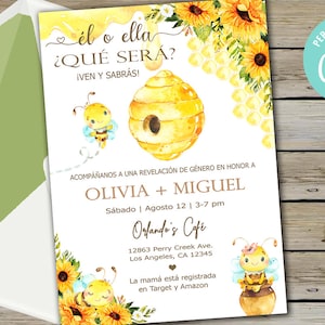 Bee gender reveal uitnodiging, gender reveal uitnodiging, wat zal baby bij, digitaal afdrukbaar, hommel zomer, corjl bewerkbaar, Spaans Español