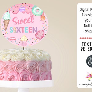 Puede incluir: Topper de pastel rosa y blanco con un círculo rosa y el texto "Sweet Sixteen" en letras de colores. El círculo está decorado con chispas, un cupcake, una dona, algodón de azúcar, helado y un macaron.