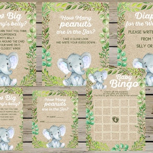 Paquete de juegos de baby shower de elefante, paquete de juegos de elefante niño, fondo de papel kraft, follaje verde, elefante niño, paquete de juegos, 4 juegos.