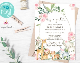 May include: A baby shower invitation with a pink and green floral design. The invitation features a circle with the text "it's a girl" and a heart. The invitation also features a variety of animals, including a giraffe, zebra, lion, tiger, and elephant. The text on the invitation reads "Please join us for a baby shower honouring the parents-to-be. Saturday, July 28, 3PM. 128631 N. Main Rd. Cary, GA 12345. RSVP by July 1st to Maggie at 123-456-7890. Registered at Target and Amazon."