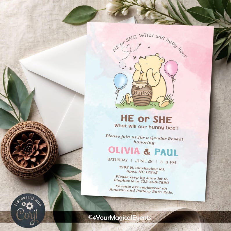 Winnie the Pooh Gender Reveal Invitation, He or She What Will Our Hunny ...