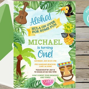 Hawaiian Aloha boy birthday invitation, tropical beach birthday invite, summer invitation, digital printable, corjl editable, hawaiian bash.