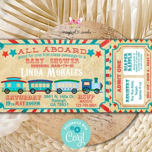 All aboard train ticket baby shower invitation, boy baby shower invite, trains, digital printable, blue red train ticket boy, corjl editable