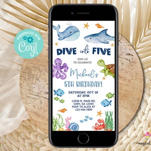 Dive into five boy 5th birthday cell phone invite, sea life boy birthday phone invitation, electronic evite, corjl digital printable.
