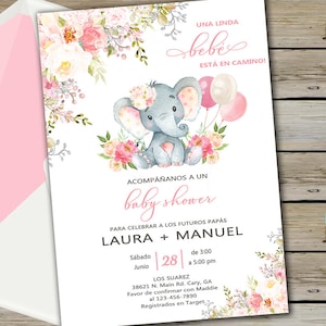 Pink elephant baby shower invitation, boho girl invite, flowers elephant balloons, digital printable corjl editable, spanish español, niña.