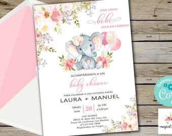 Pink elephant baby shower invitation, boho girl invite, flowers elephant balloons, digital printable corjl editable, spanish español, niña.