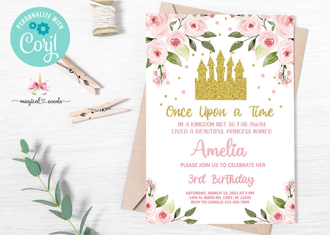 Princess Once Upon a Time Birthday Invitation Princess Castle - Etsy