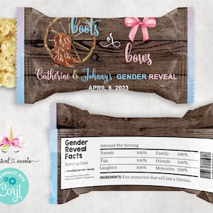 Boots or bows gender reveal crispy rice labels, gender reveal party favors, favor, digital printable, customized, boots or bows, pink blue.