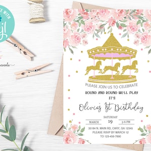 Carrusel caballos 1st birthday invitation, gold carousel girl birthday invite, digital printable, gold glitter, pink flowers, corjl editable.