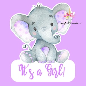 Lila Elefant Mädchen Babyparty Kuchen Topper oder Mittelstück, Mädchen Elefant Babyparty, vorne und hinten, 8x8 in, digital printable Download.