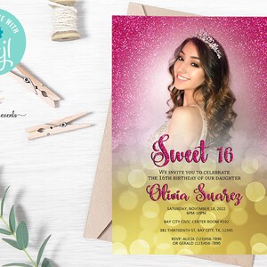 Sweet 16 sixteen photo invitation, quinceañera, gold bokeh, hot pink glitter, digital printable, corjl editable, photo invite sweet 15.