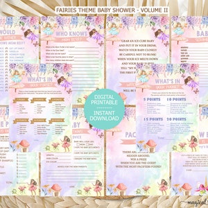 Fairies Girl baby shower games bundle, girl fairy baby shower games, games package, girl fairy baby shower games pack, pink purple fairies.