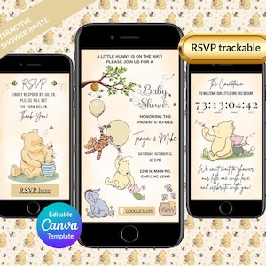 May include: Three smartphones displaying a baby shower invitation with Winnie the Pooh characters. The invitation includes text, "Baby Shower," and RSVP information. The background features a repeating pattern of Winnie the Pooh and bees.