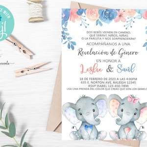 Elefanten Geschlecht offenbaren Einladung, Zwillinge Geschlecht offenbaren einladen, Spanisch Español, digital bedruckbar, rosa blaue Blumen, Corjl editierbar.