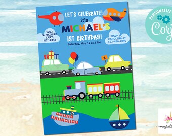 Vehicles boy birthday invitation, boy transportation vehicles birthday invite digital printable cars boats train airplane, corjl editable.