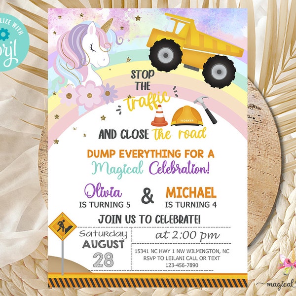 Siblings Construction dump truck Unicorn birthday invitation invite digital printable, unicorn over the rainbow dump truck, corjl editable.