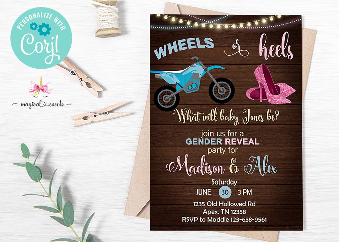 Wheels or Heels Gender Reveal Invitation, Motorcycle, Gender Reveal
