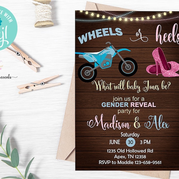 Wheels or heels gender reveal invitation, motorcycle, gender reveal invite, digital printable, instant download, brown wood, corjl editable.