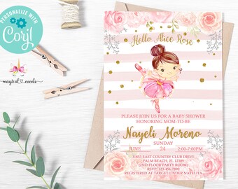 May include: Pink and gold baby shower invitation with a ballerina illustration and the text "Hello Alice Rose". The invitation includes the name "Nayeli Moreno" and details for the event, including the date, time, and location.