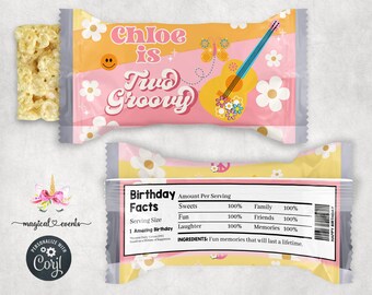 Two groovy birthday crispy rice labels, Two groovy party favors, favor, digital printable, customized, pink orange retro 70's hippie guitar.