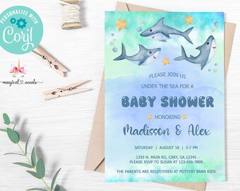 Baby sharks boy baby shower invitation, ocean sea life, under the sea invite, digital printable corjl editable, baby shark baby shower.