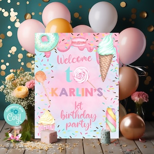 16x20 girl sweet one birthday welcome sign, sweet one girl birthday, corjl digital printable, candy sweets donut ice cream cupcake, any age.