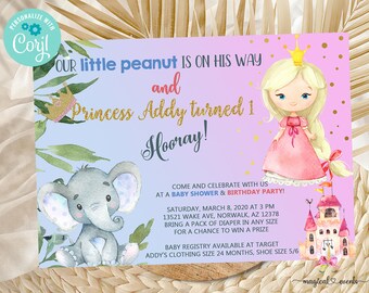 Siblings Combined Baby Shower and Birthday Invitation, Elephant