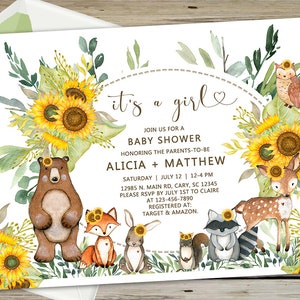 Woodland girl baby shower invitation, sunflowers forest animals leaves summer, baby shower invite, digital instant download, corjl editable.