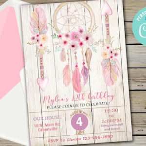 Invito di compleanno ragazza acchiappasogni rosa, invito di compleanno ragazza, stampabile digitale, frecce acchiappasogni boho legno tribale, tappo modificabile.
