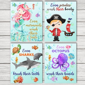 Girl mermaid wall art, boy pirate wall decor, digital printable, brother sister, bathroom decor, mermaids wash tails, pirates wash booty.