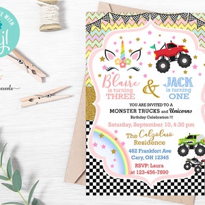 Siblings unicorn and monster truck birthday invitation, brother sister, birthday invite, digital printable, monster trucks unicorns, corjl.