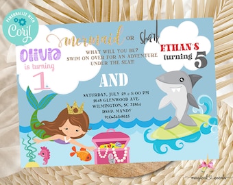Siblings mermaid and shark birthday invitation, boy girl, brother sister, birthday invite, corjl digital printable, under the sea, surfing.